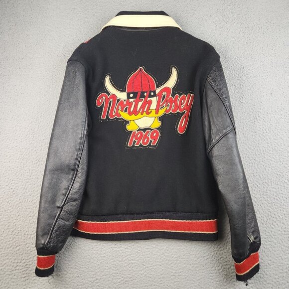 VTG 60s Varsity Wool Leather Bomber Jacket Large Indiana North Posey Viking 1969 - Picture 2 of 14